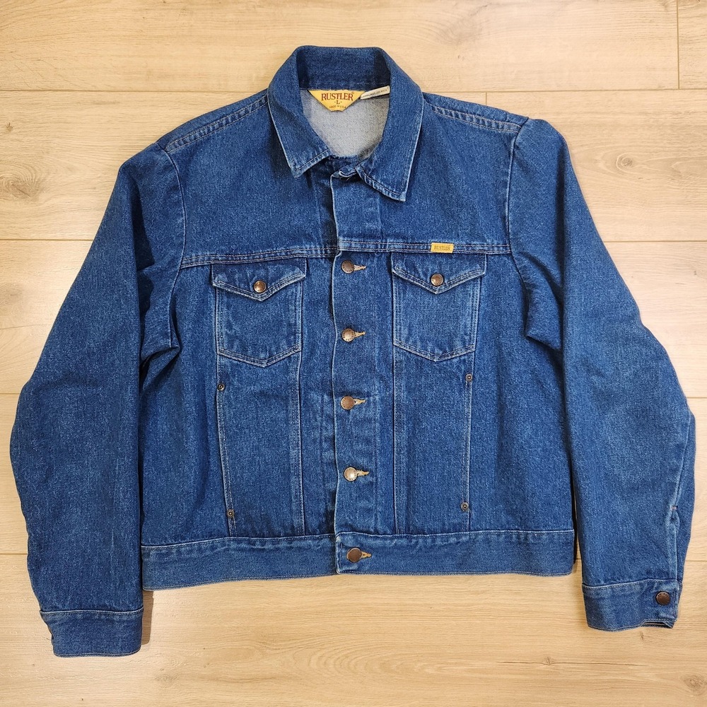 Vintage Rustler Jacket Mens Large Blue Denim Trucker Western Made USA